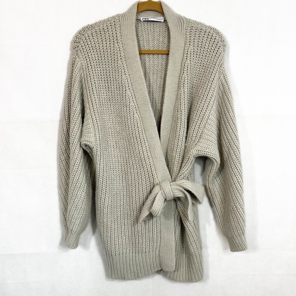 X Zara Gray Chunky Knit Tie Front Oversized Cardigan Sweater Blogger Favorite - Picture 2 of 7